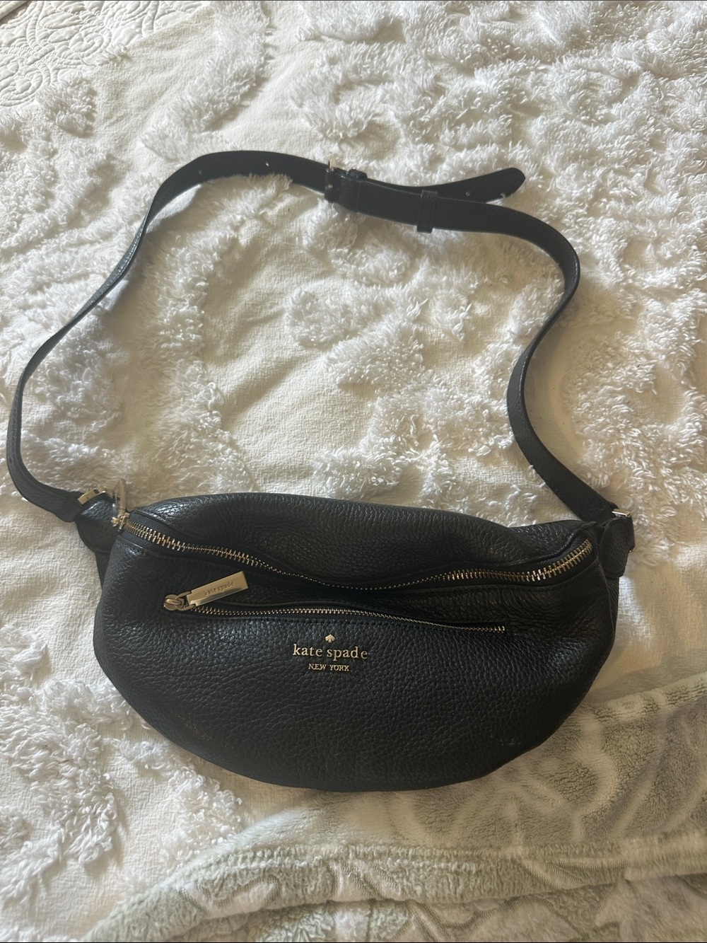 kate spade Black Pebbled Leather Crossbody Belt Bag with Gold Accents